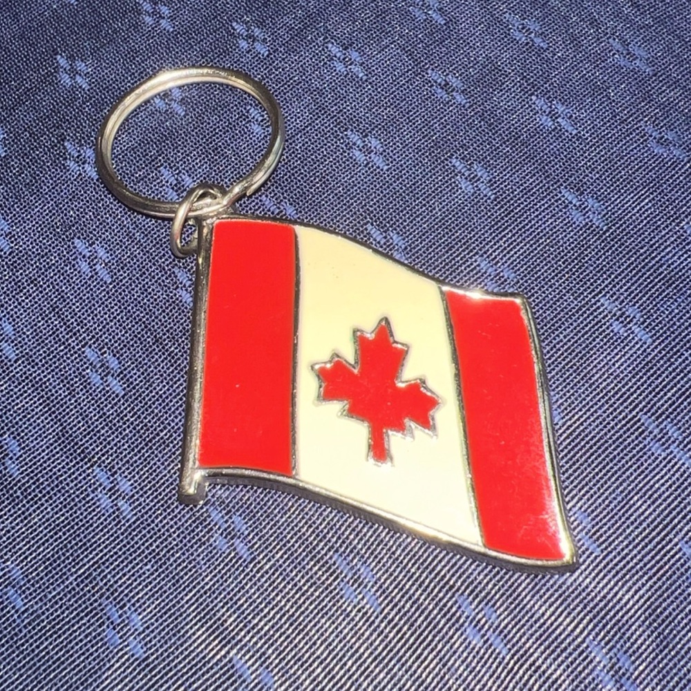 Vintage Keychain CANADIAN FLAG Key Ring Metal & Enamel Fob MARKA Maple Leaf